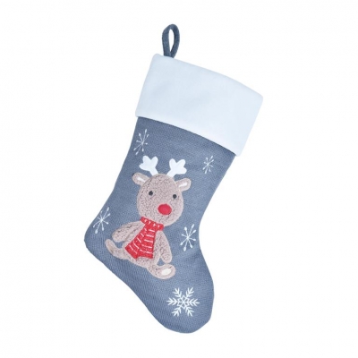 Deluxe Plush Grey Knitted Reindeer Baby Stocking 40cm X 25cm