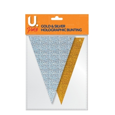 Holographic Bunting Gold & Silver, 2 Sided