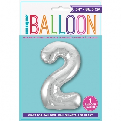 Silver Number 2 Shaped Foil Balloon 34"