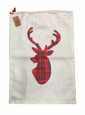 White Hessian Look Santa Sack With Tartan Reindeer