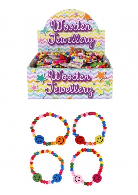 Smiley Face Wooden Bead Bracelets x 144 ( 20p Each )