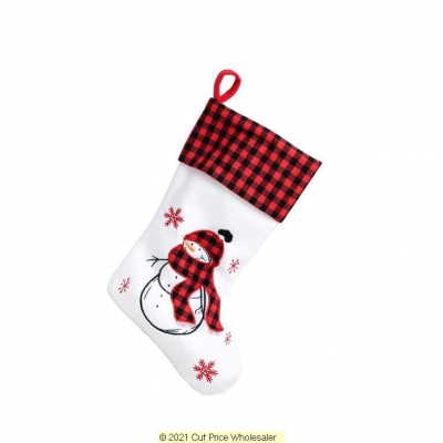 Deluxe Plush White Red Tartan Snowman Stocking 40cm X 25cm