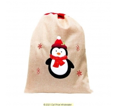 Deluxe Plush Hessian Penguin Christmas Sack 50cm X 70cm