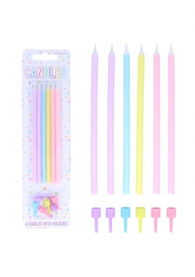 Pastel Tall Party Candles with Holders (12.5cm) 6 Pack