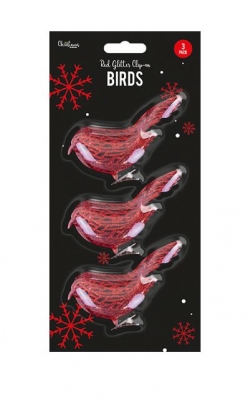 Red Glittered Clip-On Bird Christmas Decoration - 3 Pack