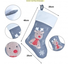 Deluxe Plush Grey Knitted Reindeer Baby Stocking 40cm X 25cm