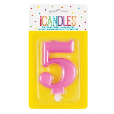 Metallic Pink Number 5 Birthday Candle