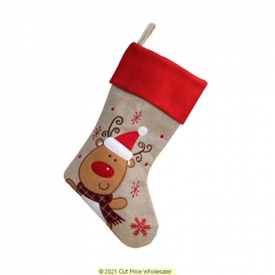 Deluxe Plush Hessian Red Top Reindeer Stocking 40cm X 25cm