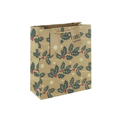 Christmas Kraft Holly Medium Bag ( 215mm X 253mm X 102mm )