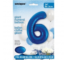 Blue Number 6 Shaped Foil Balloon 34"