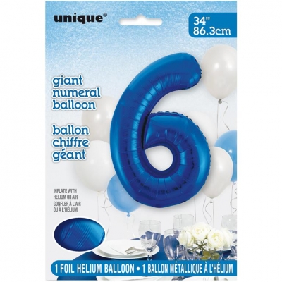 Blue Number 6 Shaped Foil Balloon 34"