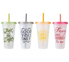 700ML PRINT FROSTED CUP WITH COL LID + MATCHING STRAW