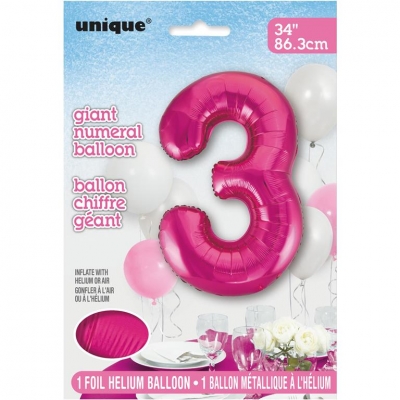 Pink Number 3 Shaped Foil Balloon 34"