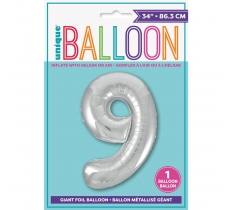 Silver Number 9 Shaped Foil Balloon 34"