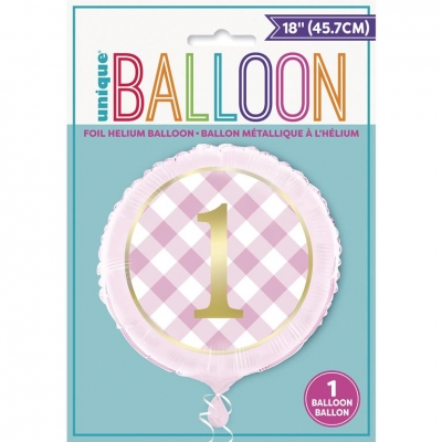 Pink Gingham 1St Birthday Round Foil Balloon 18"