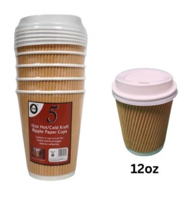 5Pc 12oz Hot/Cold Kraft Ripple Paper Cups & Lids