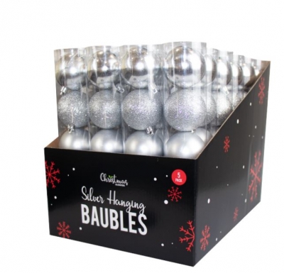 Silver Baubles 6cm 5 Pack