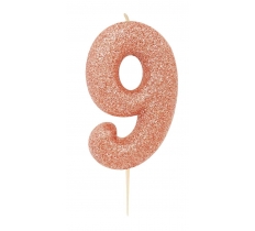 Age 9 Glitter Numeral Moulded Pick Candle Rose Gold