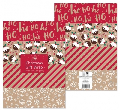 Christmas Kraft Flat Gift Wrap ( 8 Sheets )