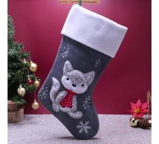 Deluxe Plush Grey Knitted Fox Baby Stocking 40cm X 25cm