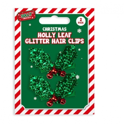 Glitter Holly Hair Clips 2 Pack