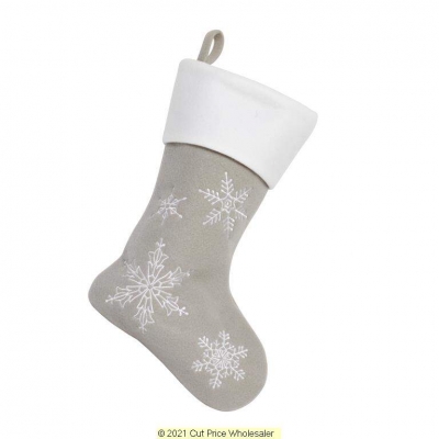 Deluxe Plush Silver Modern Snowflake Stocking 40cm X 25cm