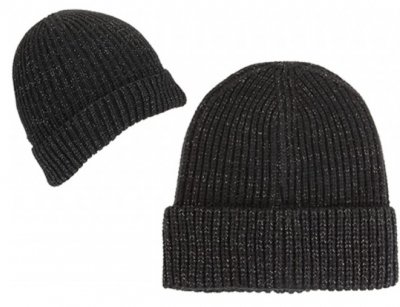 Womens Rib Knit Black Lurex Beanie Hat