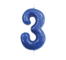 Age 3 Glitter Numeral Moulded Pick Candle Blue