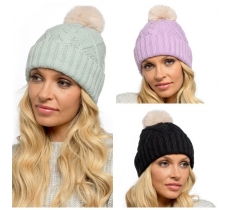 Ladies Cable Hat With Contrats Bobble