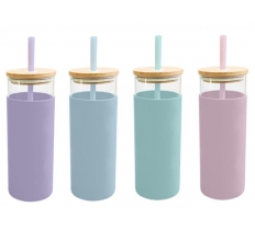 Pastel Glass Bottle With Straw 500ml ( Assorted Colours )