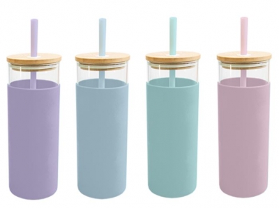 Pastel Glass Bottle With Straw 500ml ( Assorted Colours )