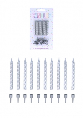 Silver Party Candles with 10 Holders (6cm) 10 Pack