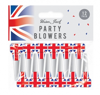 Union Jack Printed Party Blowers 12 Pack