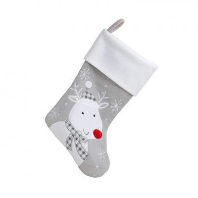 Deluxe Plush Silver Knitted Reindeer Stocking 40cm X 25cm