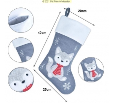 Deluxe Plush Grey Knitted Fox Baby Stocking 40cm X 25cm