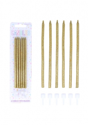 Glitter Gold Tall Party Candles with Holders (14cm) 6 Pack