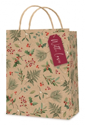 Christmas Gift bag Kraft Holly Medium ( 18 x 23 x 10cm)