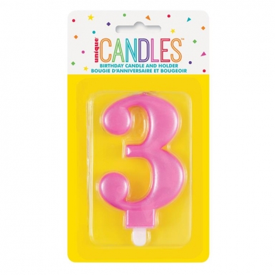 Metallic Pink Number 3 Birthday Candle