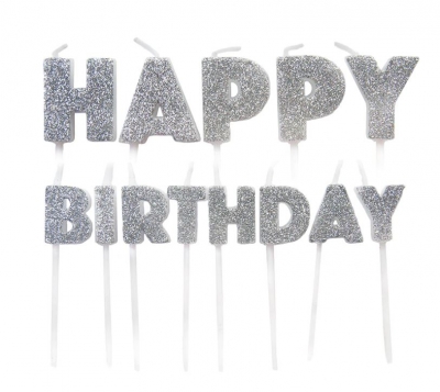 Happy Birthday Pick Candles Silver Glitter