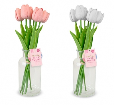 Mother's Day 7 Faux Tulips In Glass Vase