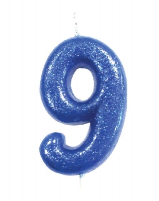 Age 9 Glitter Numeral Moulded Pick Candle Blue