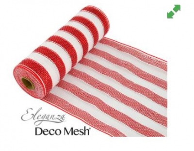 Deco Mesh Metallic Red & White Stripe 25cm X 9.1M