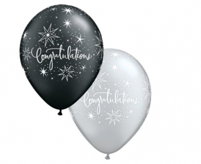 11" Round Latex Balloons Black & Silver Congratulations 25 Pack