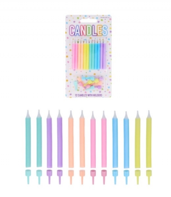 Pack Pastel Party Candles with 12 Holders (6cm)