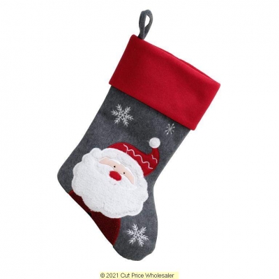 Deluxe Plush Grey Red Top Fluffy Santa Stocking 40cm X 25cm