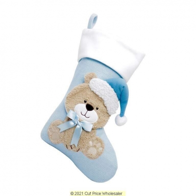 Deluxe Plush Baby Blue Knitted 3D Teddy Stocking 40cm X 25cm