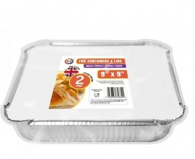 2pc 9x9 Foil Containers & Lids (Approx 230mm x 230mm x 35mm