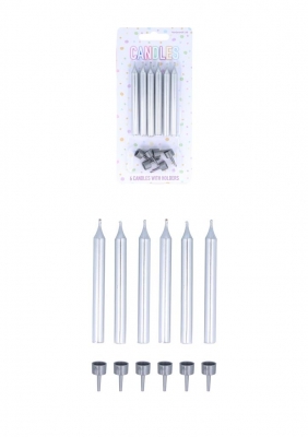 Silver Party Candles with 6 Holders (7.8cm) 6-Pack