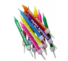 12 Pack Happy Birthday Candles Multi-Coloured with Holders