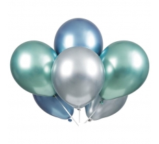 11" Latex Balloons Blue Green & Silver Platinum Pack Of 6